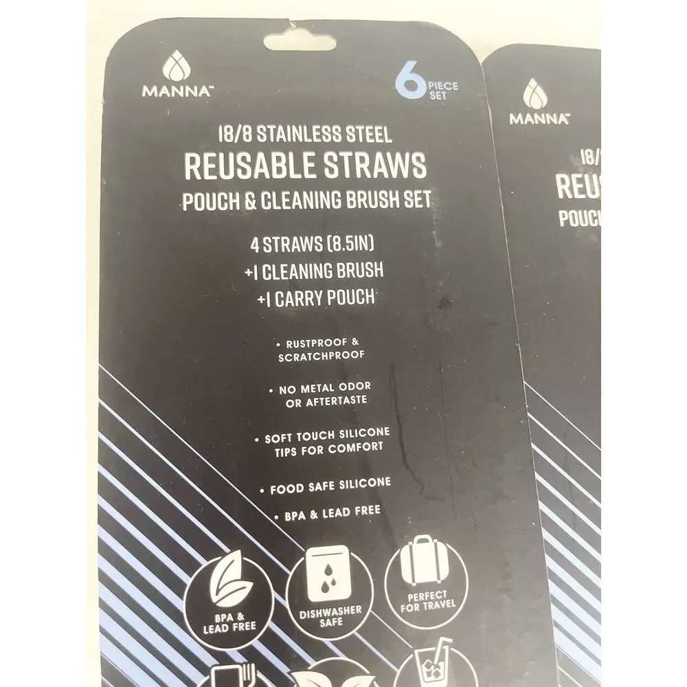 (2) Set of‎ 6 Stainless Steel Reusable Straw Pouch & Cleaning Brush Set BLACK